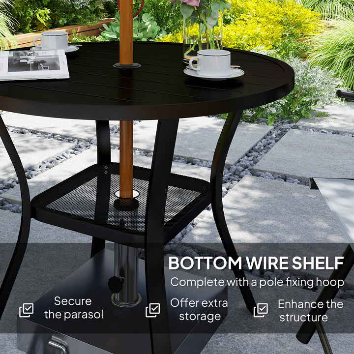 90 cm Garden Dining Table with 4-5 cm Parasol Hole, Round Outdoor Dining Table, Steel Garden Table with Slatted Metal Top and Wire Shelf for Balcony, Porch, Black