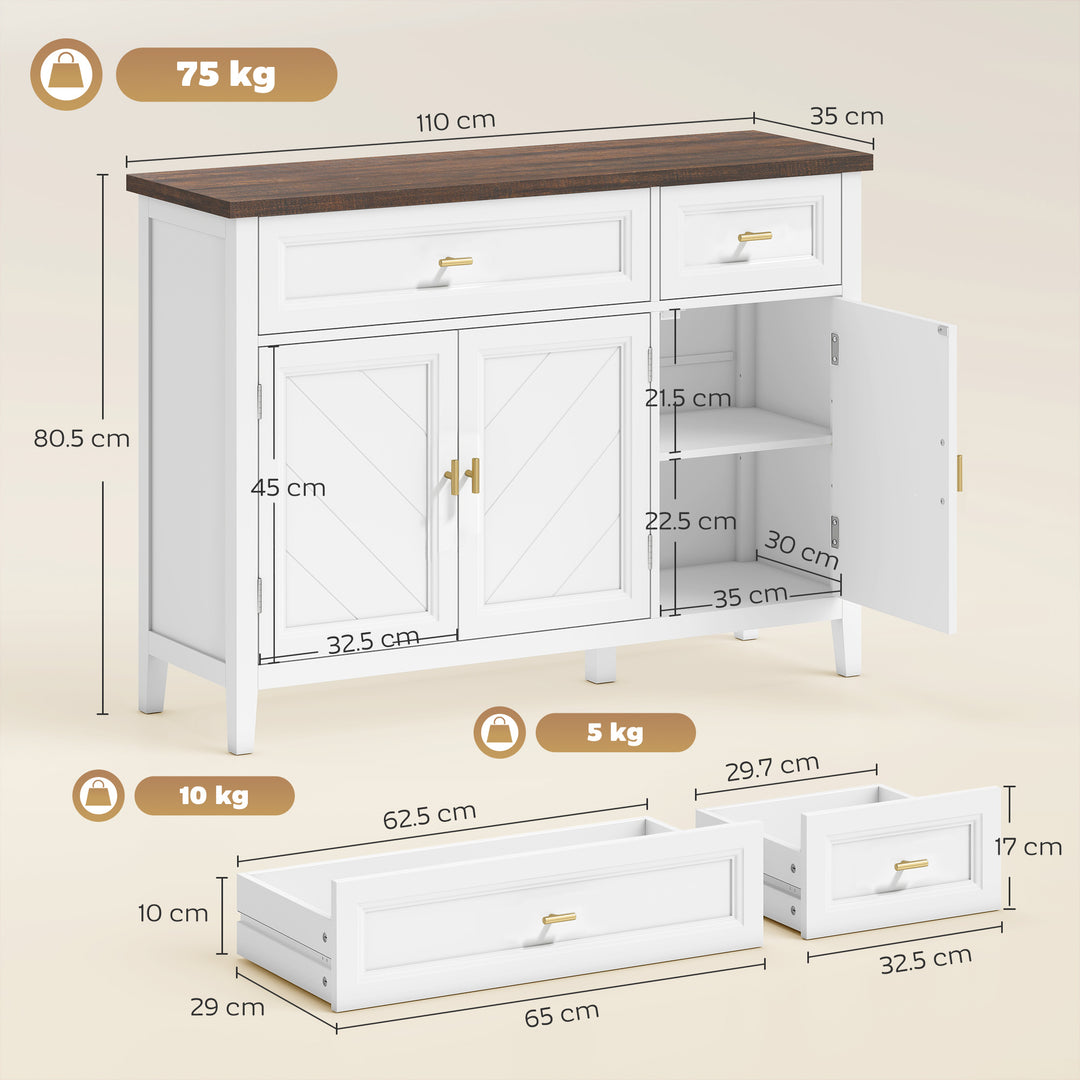 Modern Sideboard with 3 Doors, 2 Drawers and Adjustable Shelves, White
