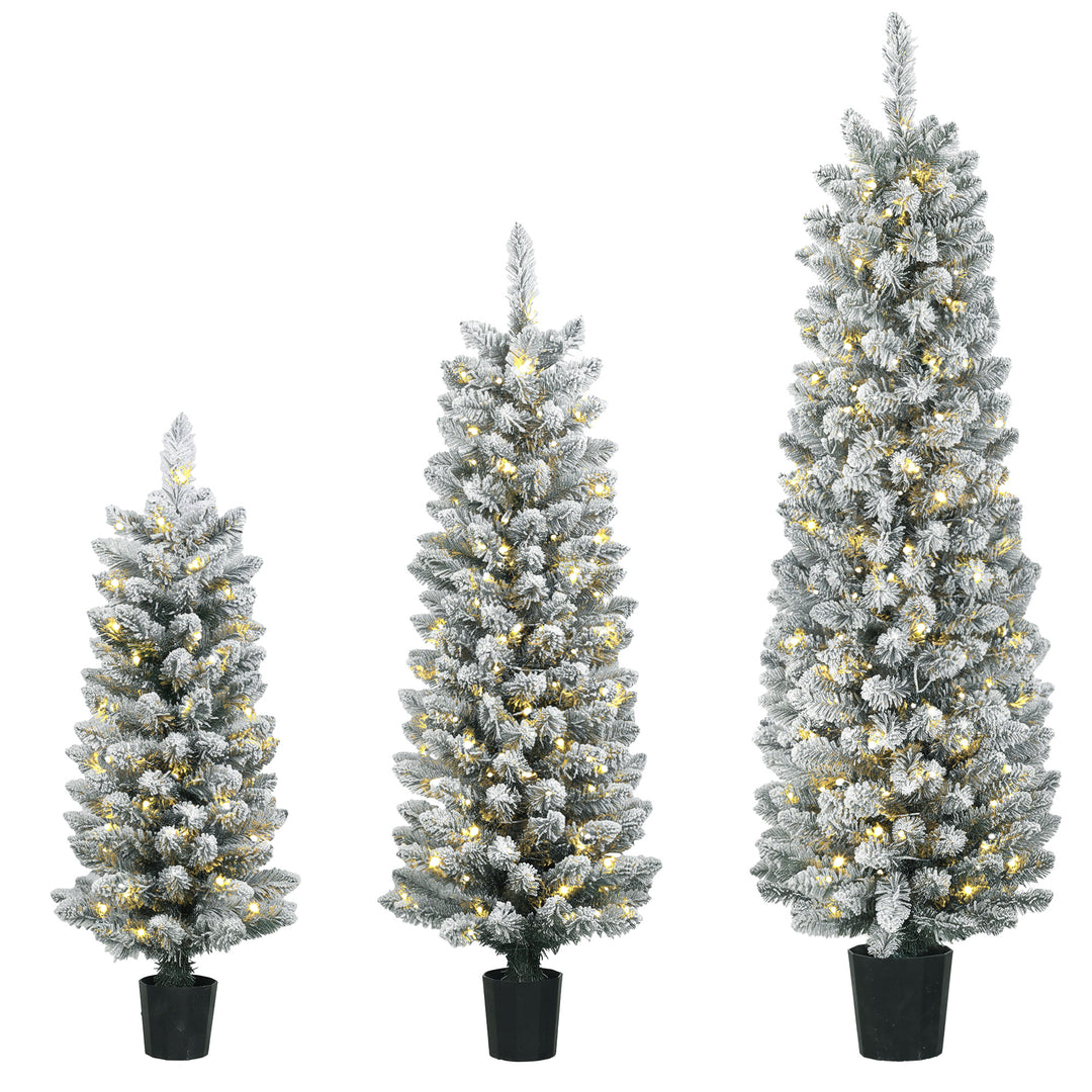 Prelit Snowy Flocked Artificial Christmas Tree Set of 3, Slim Xmas