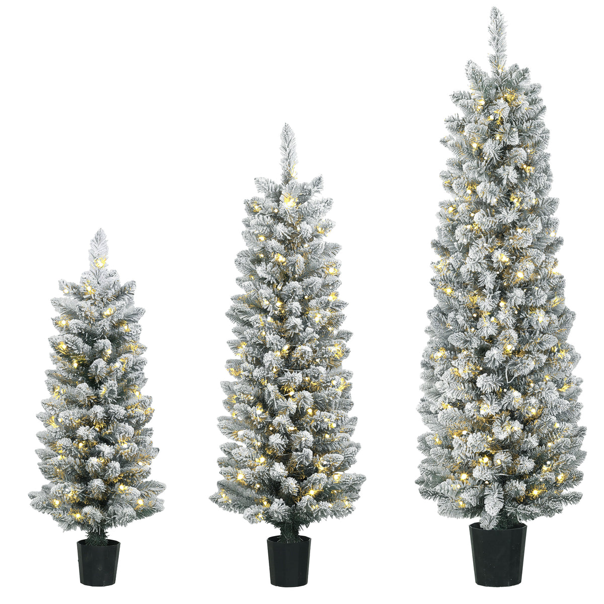 Prelit Snowy Flocked Artificial Christmas Tree Set of 3, Slim Xmas