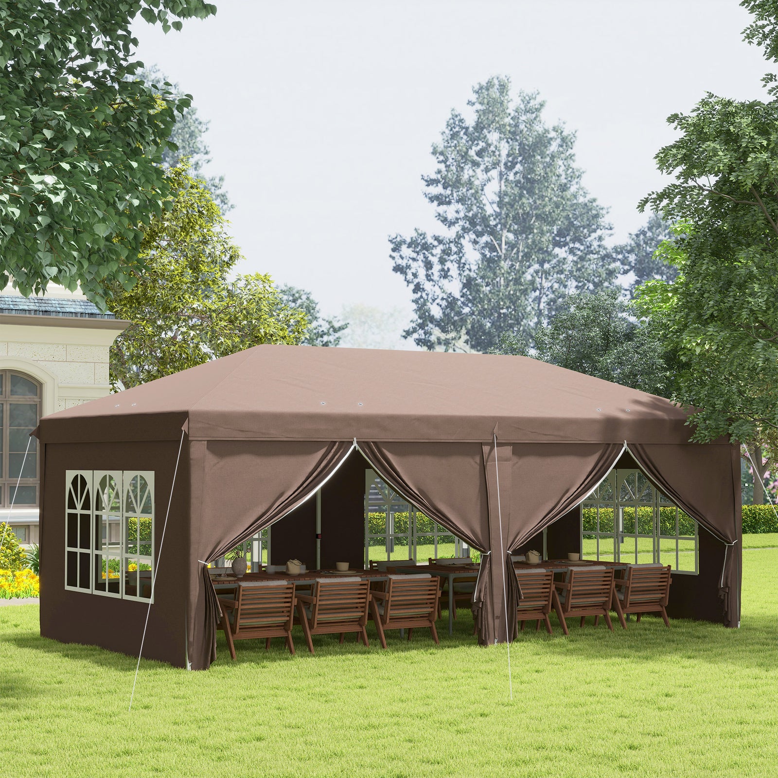 3 x 6 m Pop Up Gazebo with Sides and Windows, Height Adjustable Wedding Camping Party Tent Canopy Marquee with Storage Bag for Garden, Event, Brown