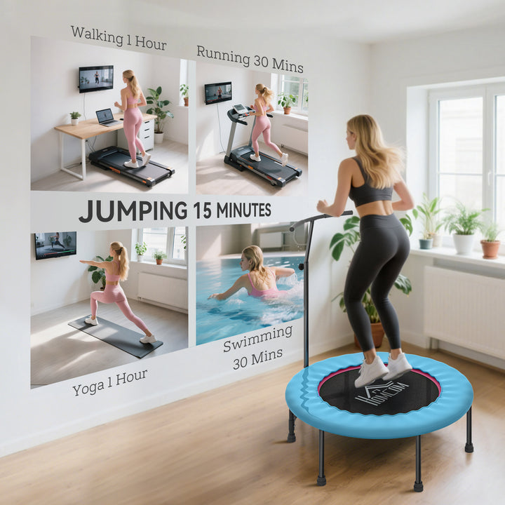 MCL 40" Fitness Trampoline with Adjustable Handle, Rebounder Trampoline, Mini Jumper for Indoor Exercise Workout, Blue