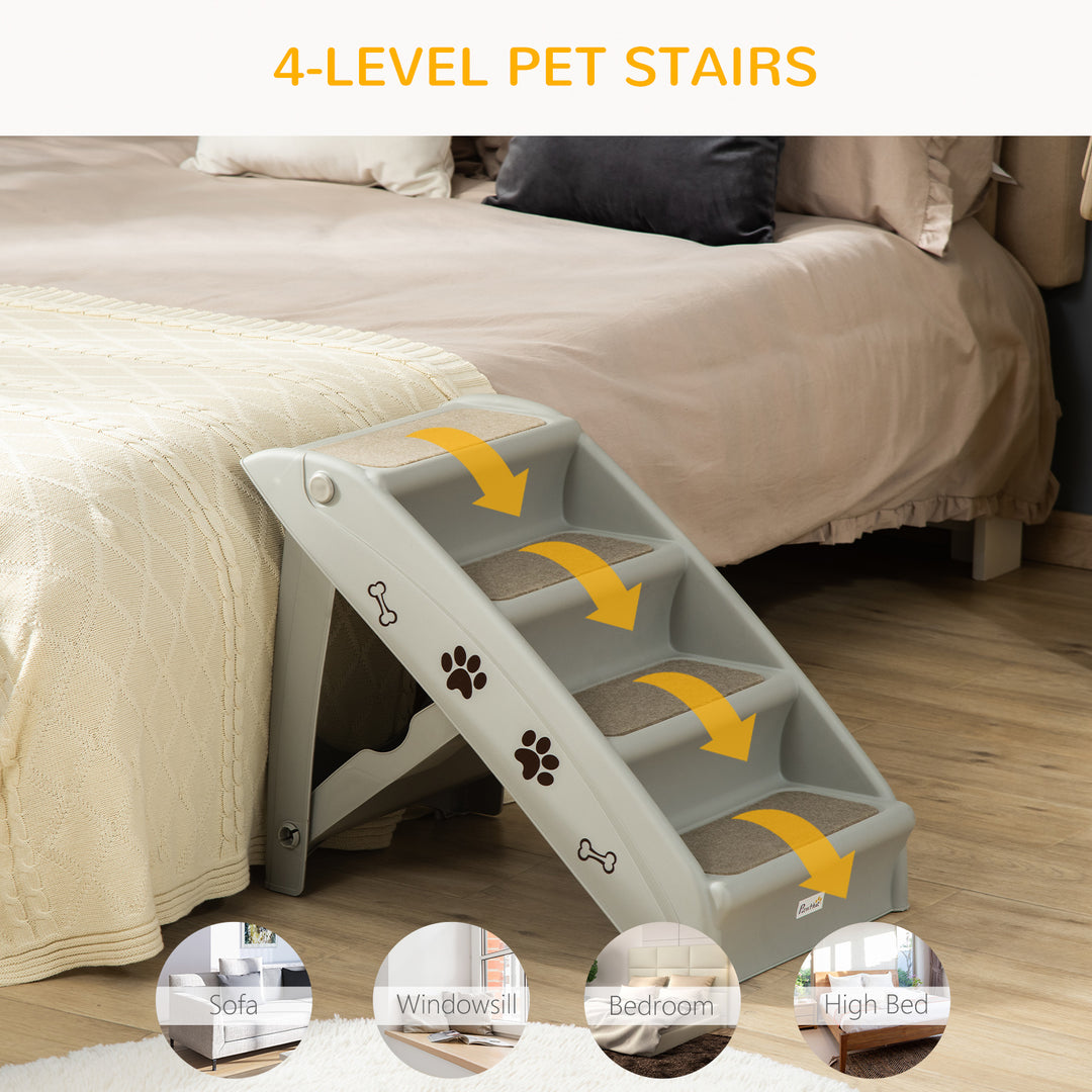 PawHut Foldable Pet Stairs, 4-Step for Cats Small Dogs with Non-slip Mats, 62 x 38 x 49.5 cm, Grey | Aosom UK