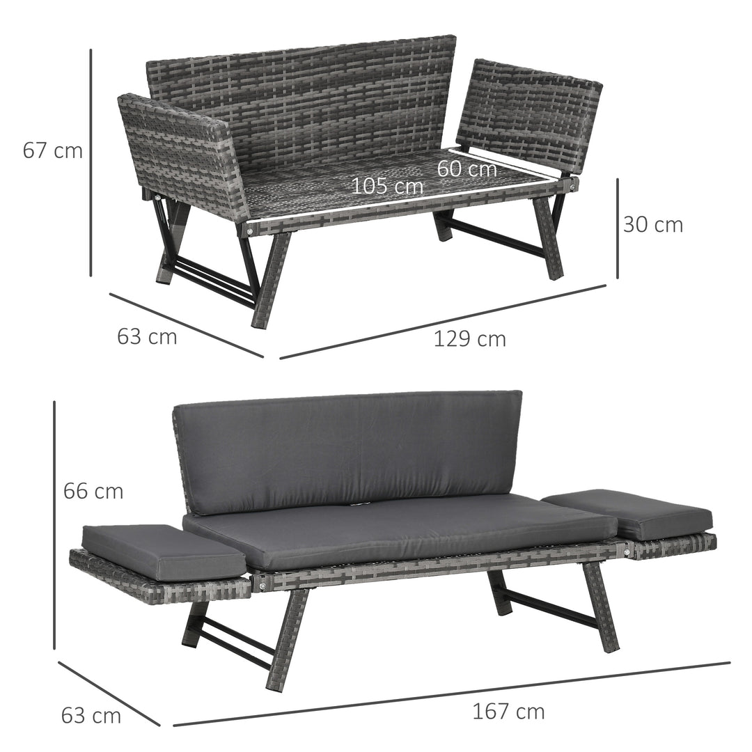 2 Seater Rattan Sofa with Cushions, 2-in-1 PE Rattan Daybed Sofa with Left Up or Down Armrests, Garden Chaise Lounger Loveseat for Outdoor, Patio, Mixed Grey