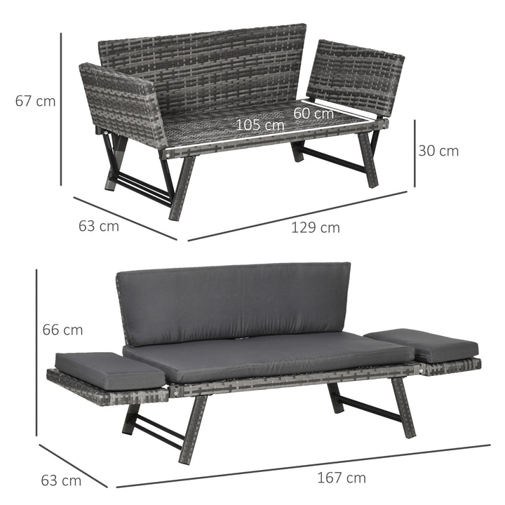 2 Seater Rattan Sofa with Cushions, 2-in-1 PE Rattan Daybed Sofa with Left Up or Down Armrests, Garden Chaise Lounger Loveseat for Outdoor, Patio, Mixed Grey