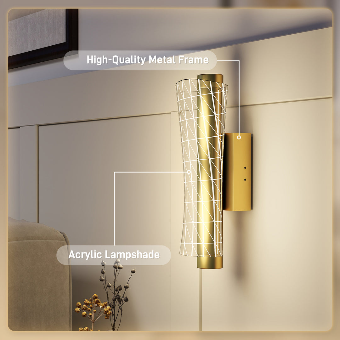 Led Wall Lamp 2 Pack, 9W Modern Indoor Geometric Mesh Wall Light, Colour Temperature Adjustable 3000K/4000K/6500K for Bedroom, Living Room, Hallway, Stairs, Gold Tone