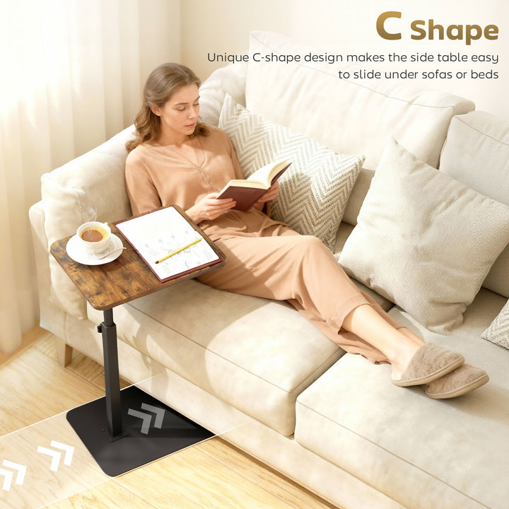 C Shaped Side Table, Small End Table with Adjustable Height and Metal Base for Living Room, Bedroom
