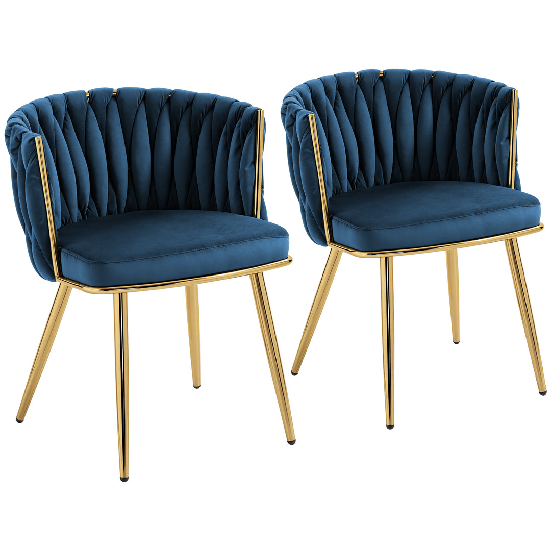 Velvet-Feel Dining Chairs Set of 2, Modern Upholstered Kitchen Chairs with Woven Backrest and Armrests, Metal Legs and Padded Seat for Dining Room, Bedroom, Living Room