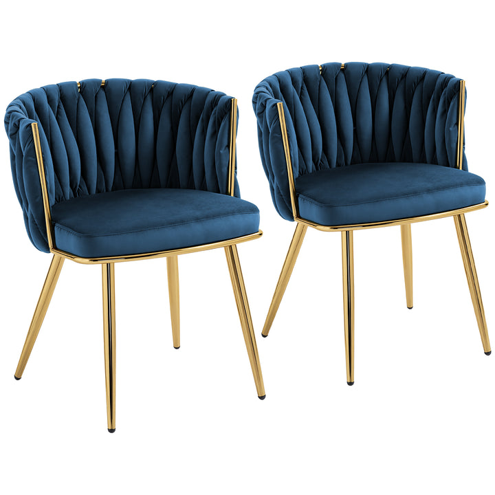 Velvet-Feel Dining Chairs Set of 2, Modern Upholstered Kitchen Chairs with Woven Backrest and Armrests, Metal Legs and Padded Seat for Dining Room, Bedroom, Living Room