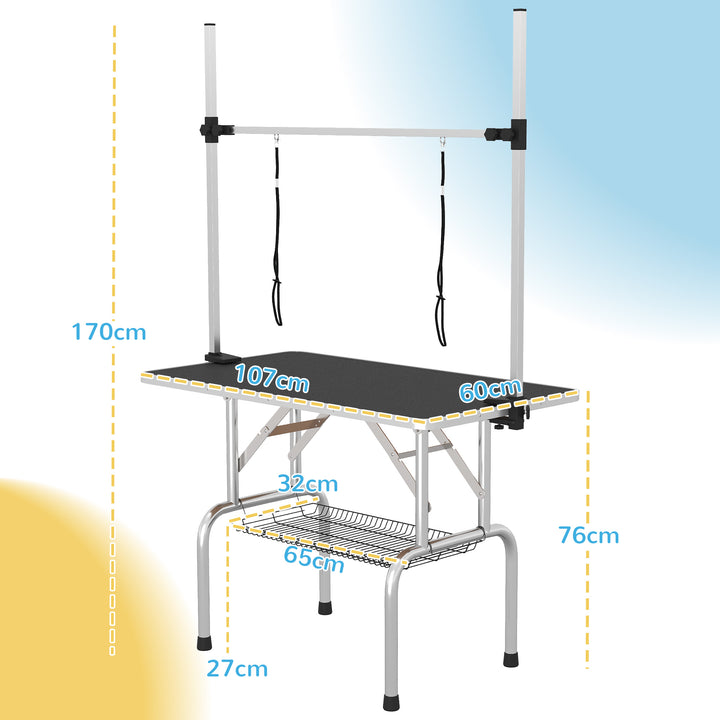 42" Dog Grooming Table, Adjustable Pet Cat Drying Beauty Table with 2 Loops Storage Basket, Rubber Top, Black