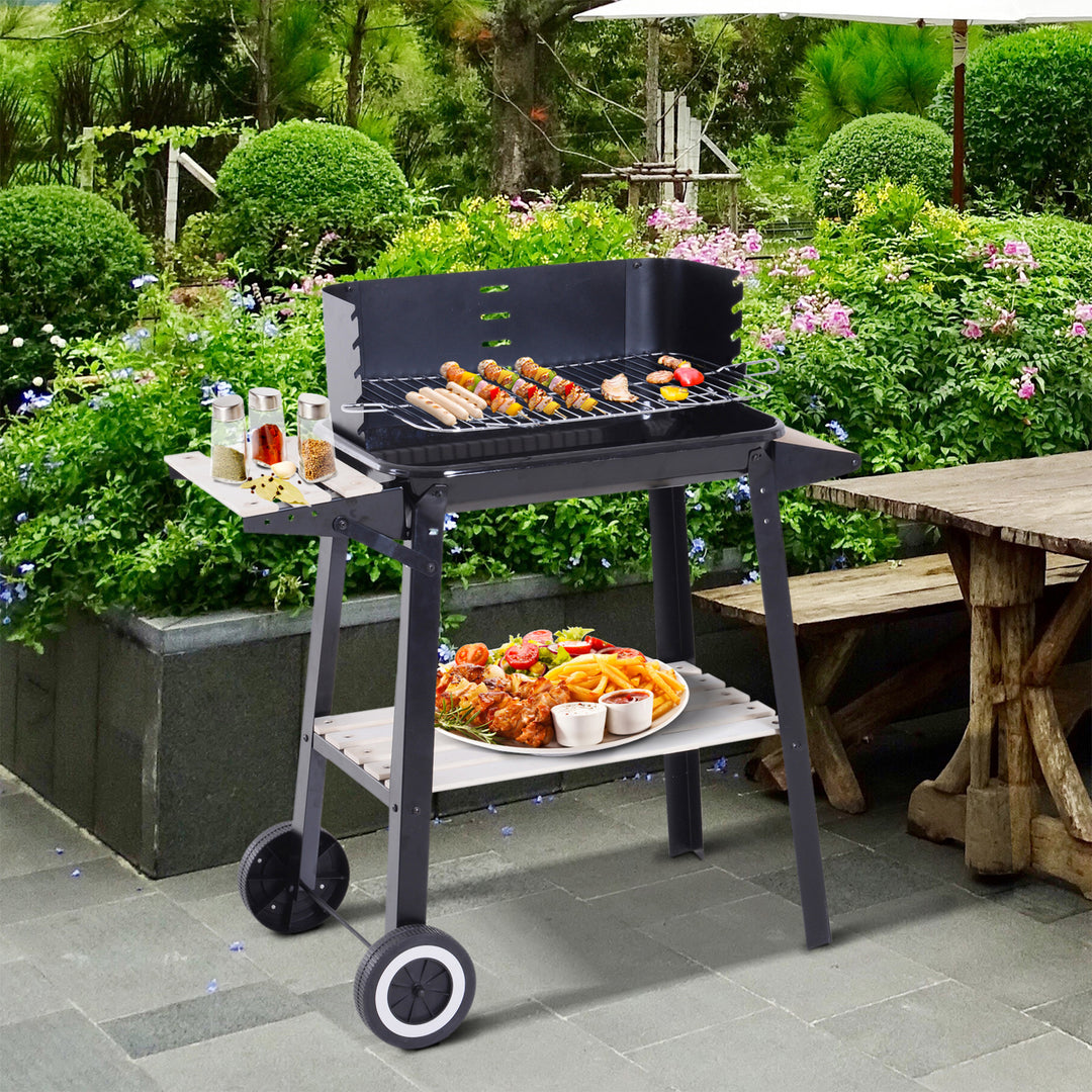 Trolley Charcoal BBQ Barbecue Grill Outdoor Patio Garden Heating Smoker with Side Trays Storage Shelf and Wheels