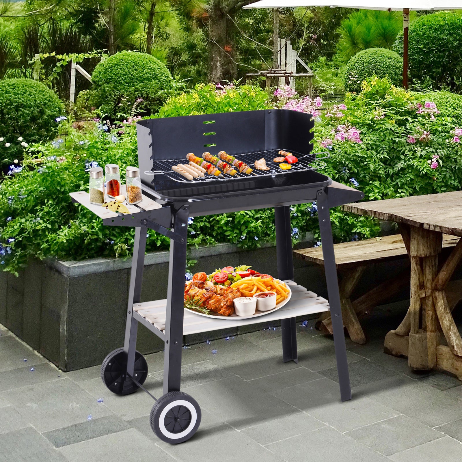 Trolley Charcoal BBQ Barbecue Grill Outdoor Patio Garden Heating Smoker with Side Trays Storage Shelf and Wheels