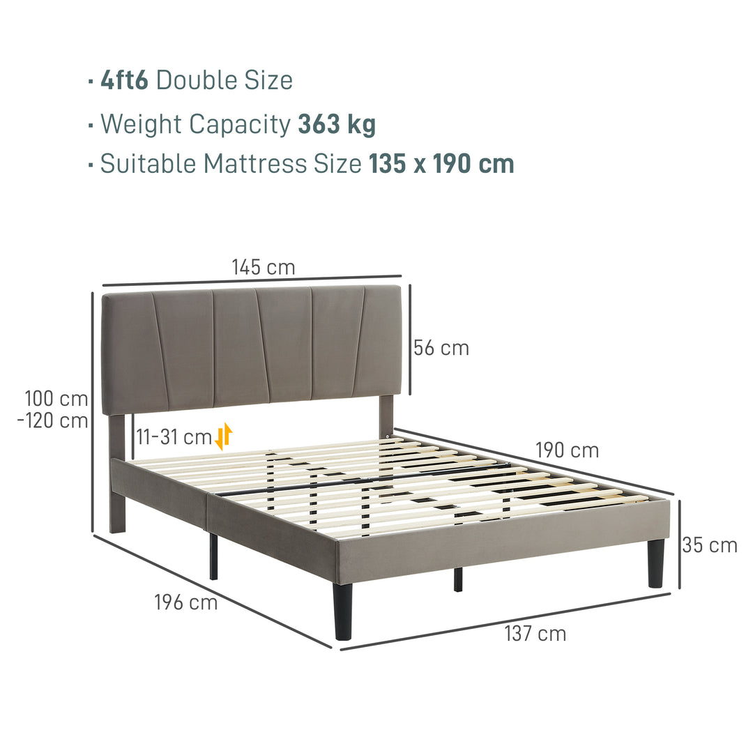Double Bed Frame, with Velvet-Feel Headboard - Grey - view 3