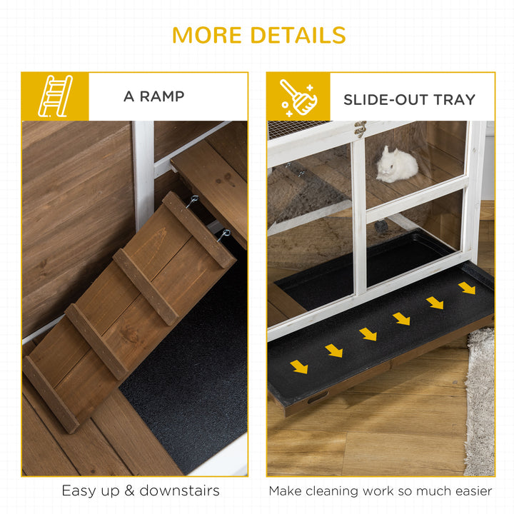 Wooden Rabbit Hutch, Bunny Cage w/ Tray, Ramp, Openable Roof, Wheels, 91.5 x 53.3 x 73cm - Brown