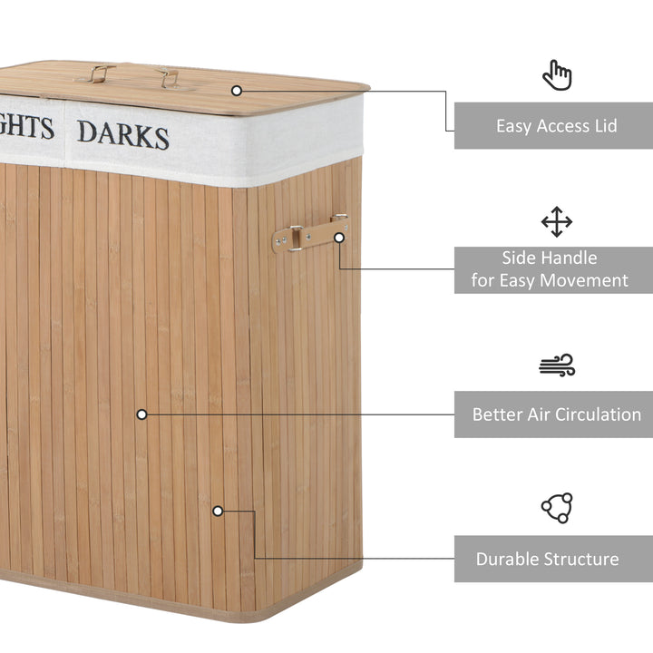 100L Collapsible Natural Wood Laundry Hamper Organizer Clothes Washing Basket Bin Storage Box w/Lid Removable Lining 52x32x63cm, Wood Color