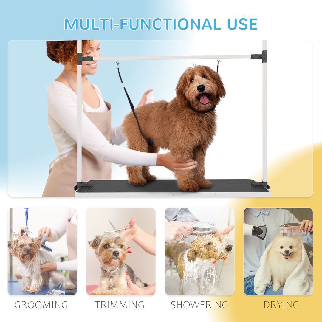 42" Dog Grooming Table, Adjustable Pet Cat Drying Beauty Table with 2 Loops Storage Basket, Rubber Top, Black