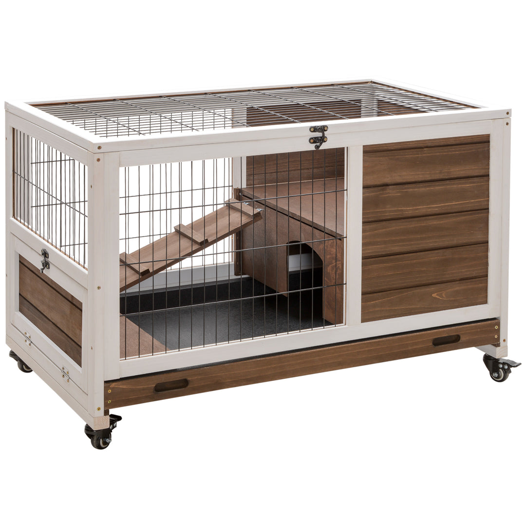Wooden Guinea Pig Hutch, 2-Floor Bunny Cage w/ Enclosed Run Area, Brown