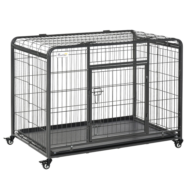 PawHut Heavy Duty Dog Crates Foldable Indoor Dog Kennel & Dog Cage Pet Playpen w/ Double Doors Removable Tray Lockable Wheels Openable Top | Aosom UK