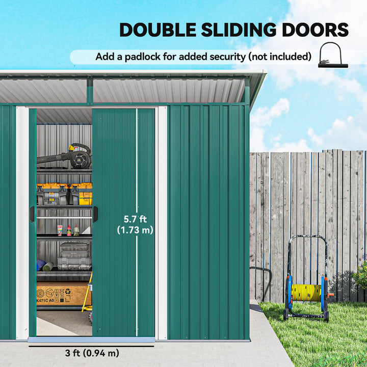 8.5 x 6ft Metal Shed with Lightsky Panels, Garden Storage Tool House with Double Doors for Garden, Patio and Lawn, Green