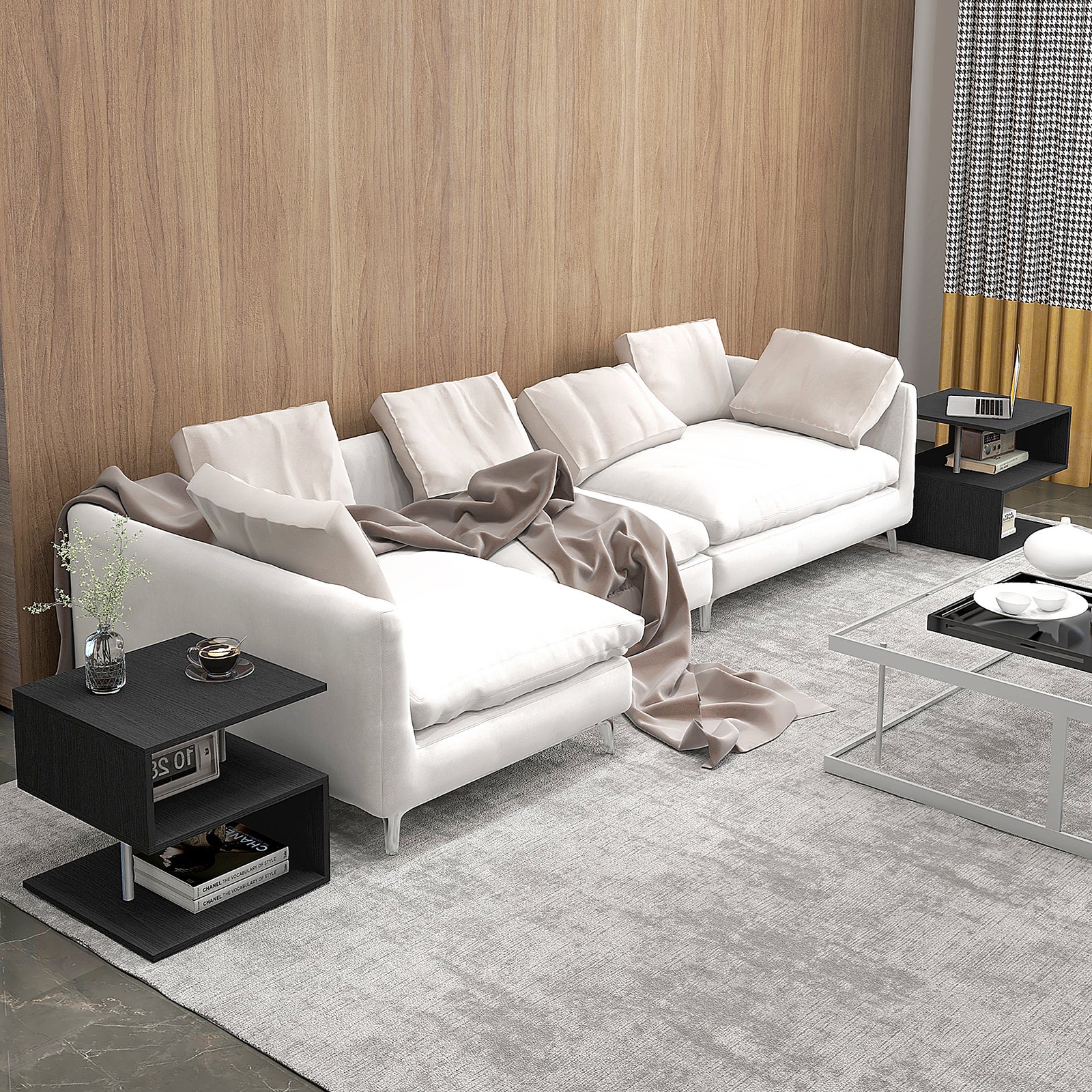 Wooden S Shape Cube Coffee Table 2 Tier Storage Shelves Organiser Office Bookcase Living Room End Desk Stand Display Set of 2 (Black)