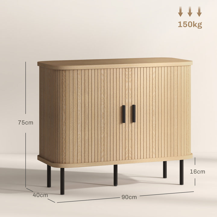 Mid-Century Modern Sideboard Storage Cabinet with Slatted Tambour Sliding Doors, Kitchen Cabinet with Steel Legs, Oak Tone