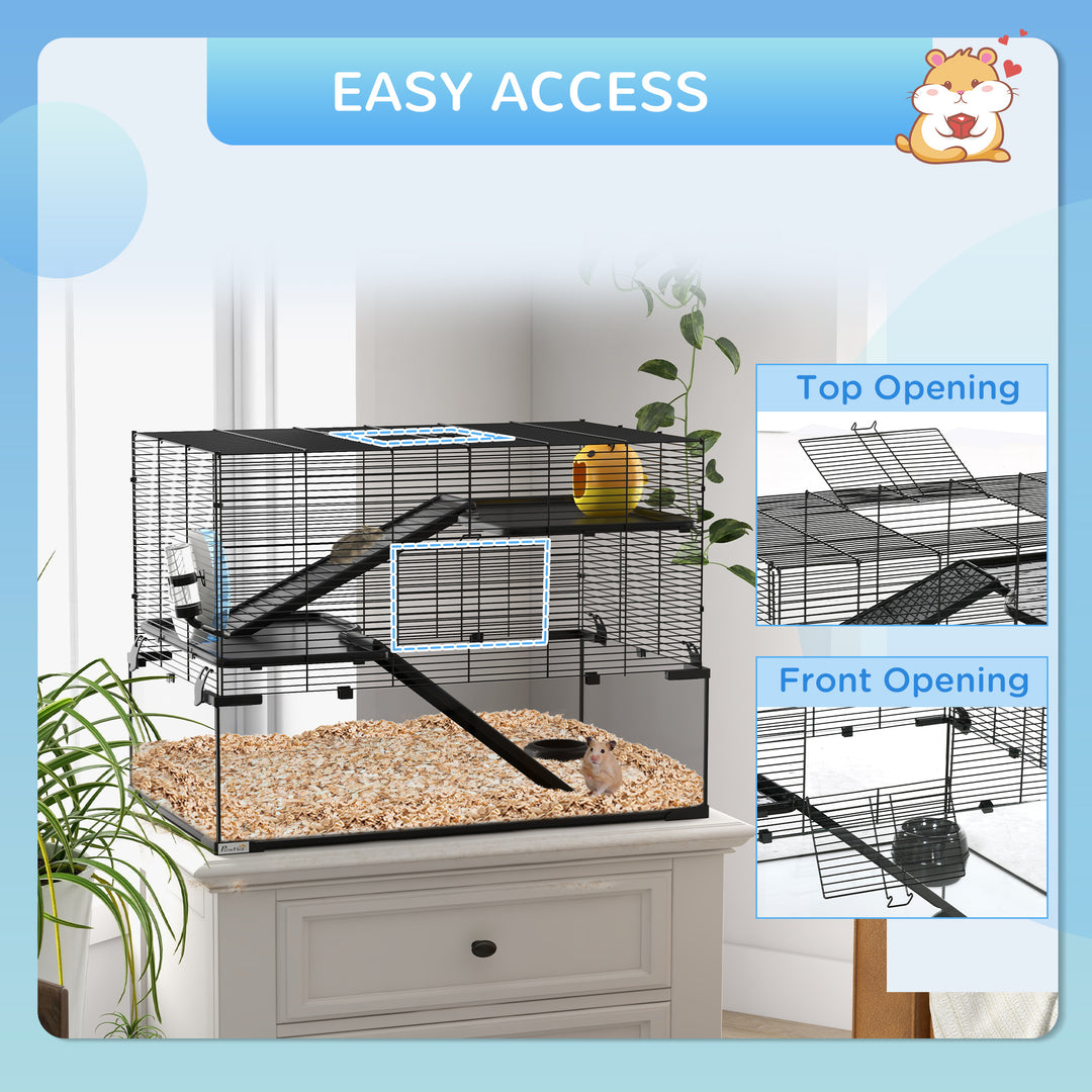 3 Tiers Hamster Cage, Gerbil Cage with Deep Glass Bottom, Non-Slip Ramps, Platforms, Hut, Exercise Wheels, Water Bottle, Dish, for Syrian Hamster, Dwarf Hamster, 78.5 x 48.5 x 54.5cm