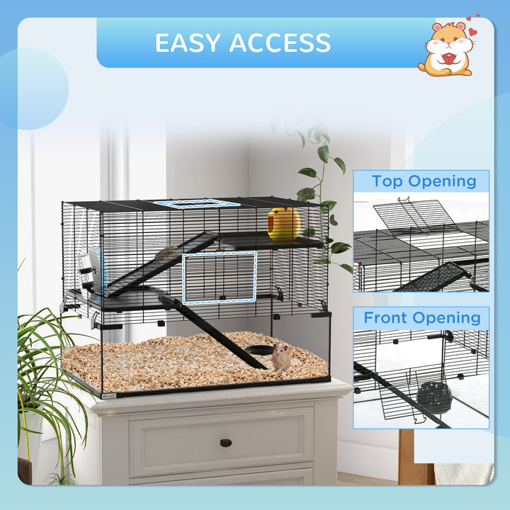 3 Tiers Hamster Cage, Gerbil Cage with Deep Glass Bottom, Non-Slip Ramps, Platforms, Hut, Exercise Wheels, Water Bottle, Dish, for Syrian Hamster, Dwarf Hamster, 78.5 x 48.5 x 54.5cm