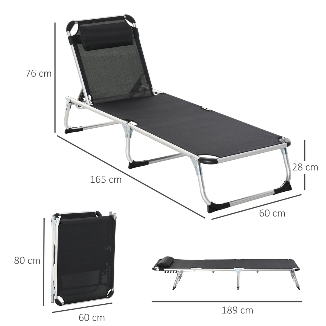 Foldable Outdoor Sun Lounger, Reclining Lounge Chair Camping Bed Cot with Pillow 4-Level Adjustable Back Aluminium Frame, Black