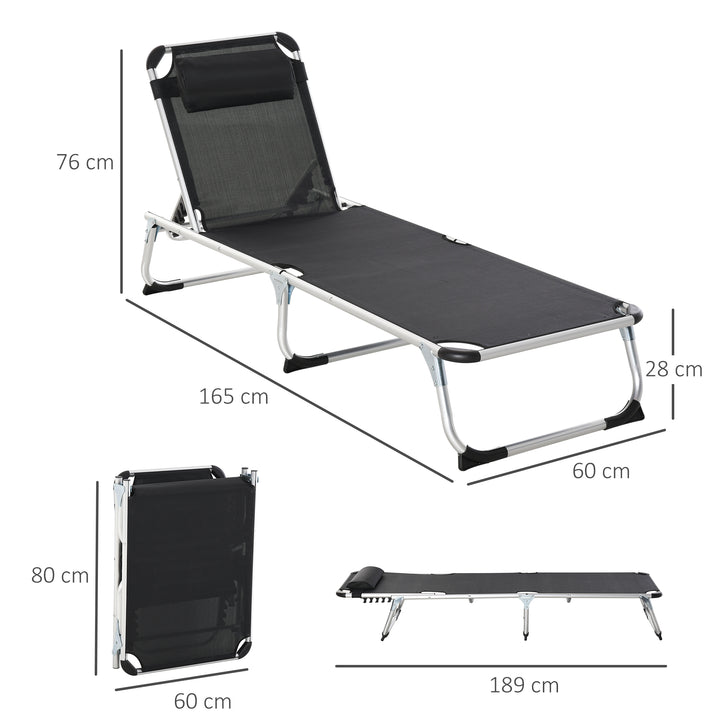 Foldable Outdoor Sun Lounger, Reclining Lounge Chair Camping Bed Cot with Pillow 4-Level Adjustable Back Aluminium Frame, Black
