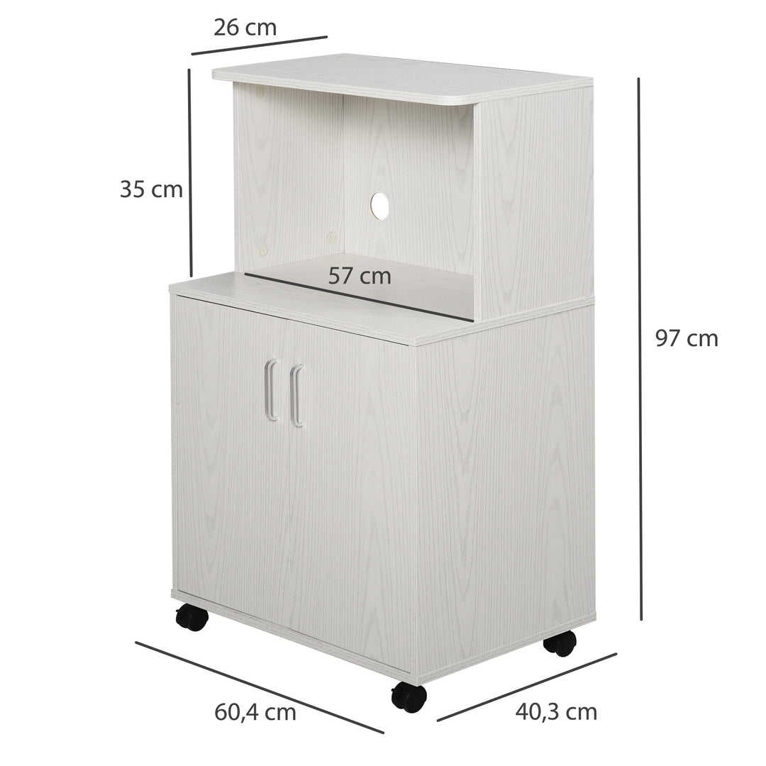 HOMCOM Kitchen Trolley: Mobile Microwave Stand with Storage Cabinets, White Bookcase on Wheels | Aosom UK