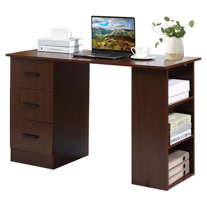 HOMCOM 120cm Computer Desk with Storage Shelves Drawers, Writing Table Study Workstation for Home Office, Walnut Brown