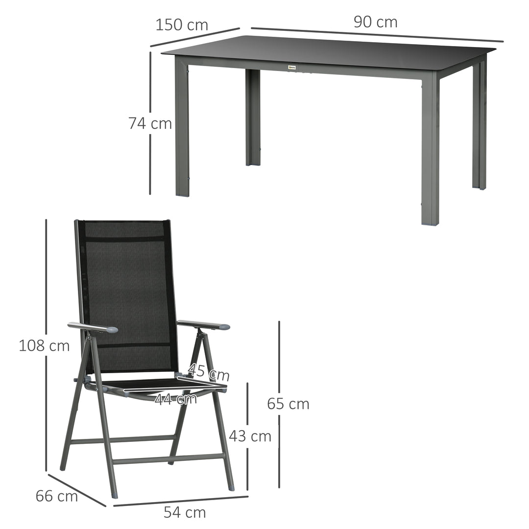 Outsunny 7 Piece Garden Dining Set, Outdoor Table and 6 Folding and Reclining Chairs, Aluminium Frame, Tempered Glass Top Table Texteline Seats Black