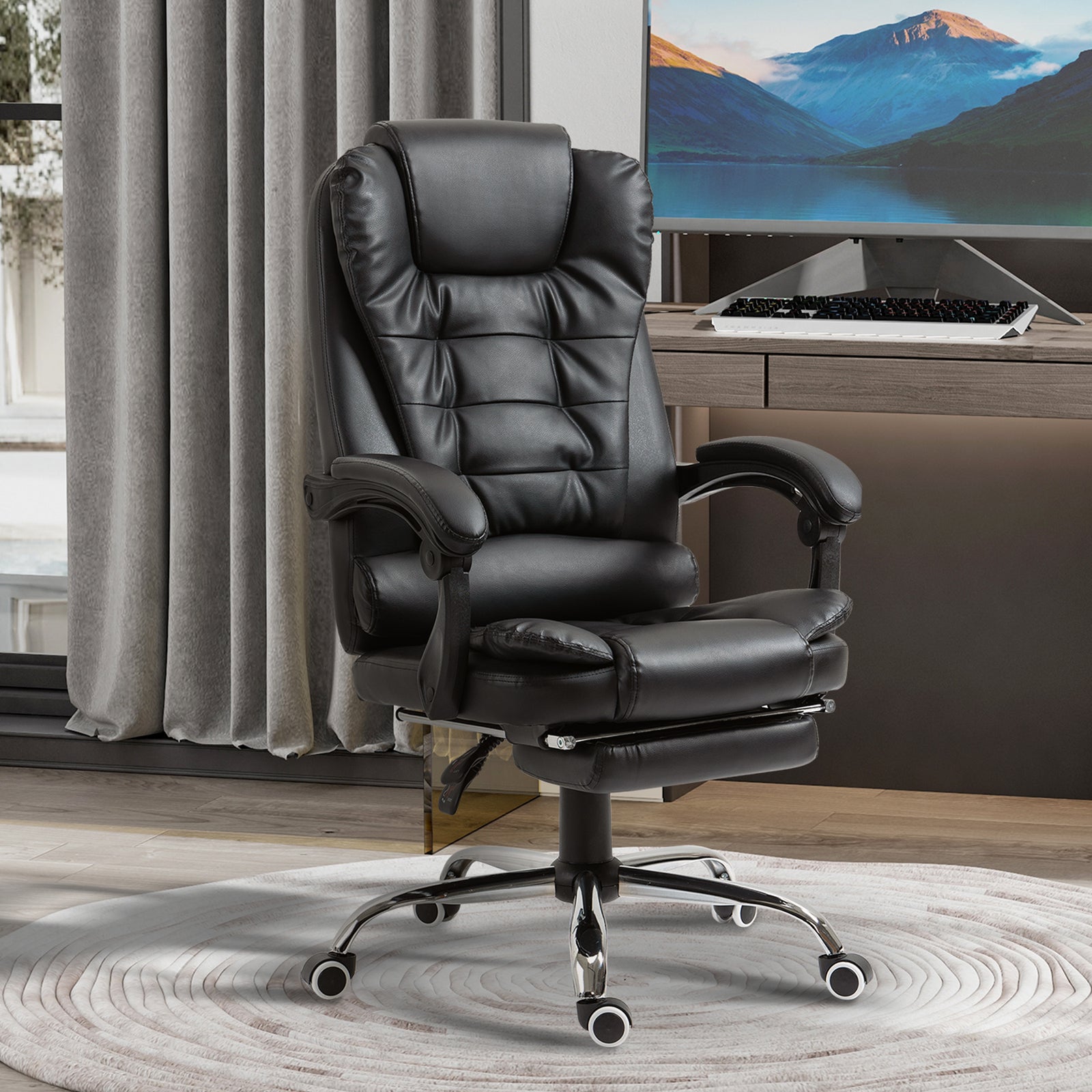 Executive Office Chair, PU Leather Home Office Chair with Swivel Wheels, Reclining Backrest, Retractable Footrest, Black