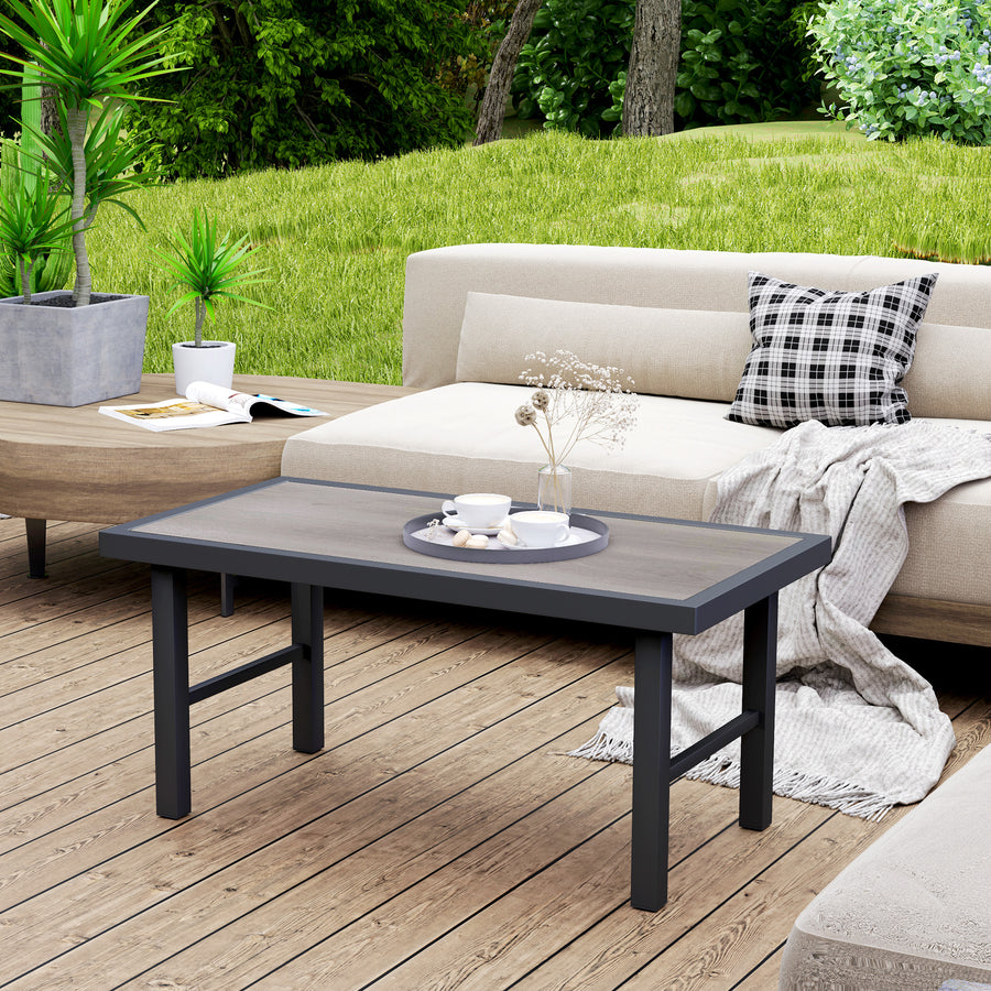 Metal Garden Coffee Table, Outdoor Side Table with SPC Woodgrain Tabletop for Outside, Garden, Balcony, Porch, 100 x 53 x 46cm, Grey Wood Effect