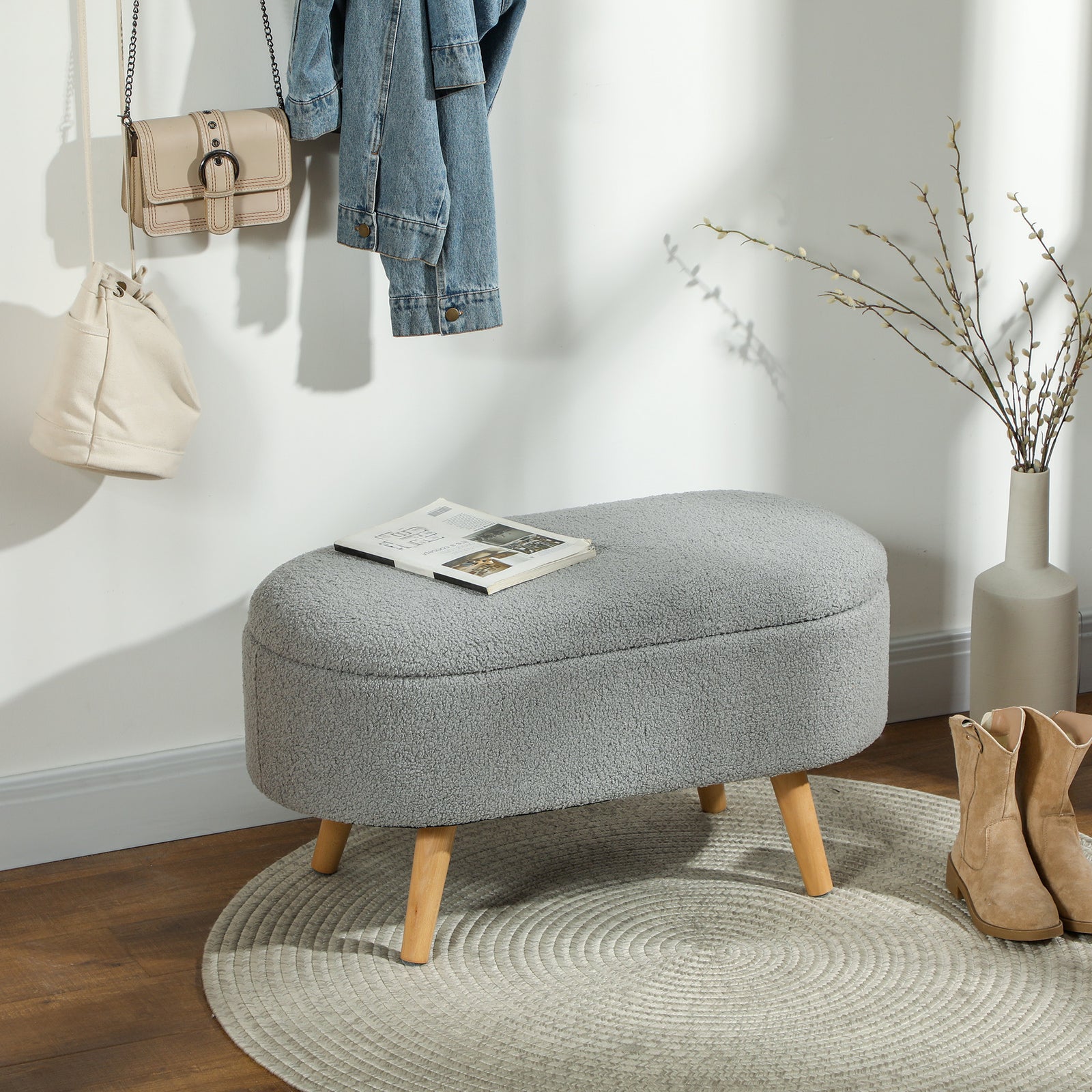 Teddy Fleece Storage Ottoman - Grey