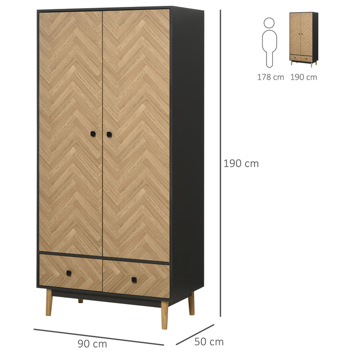 MCL Modern Wardrobe Cabinet Wood Grain Sticker Surface with Shelf, Hanging Rod and 2 Drawers 90x50x190cm