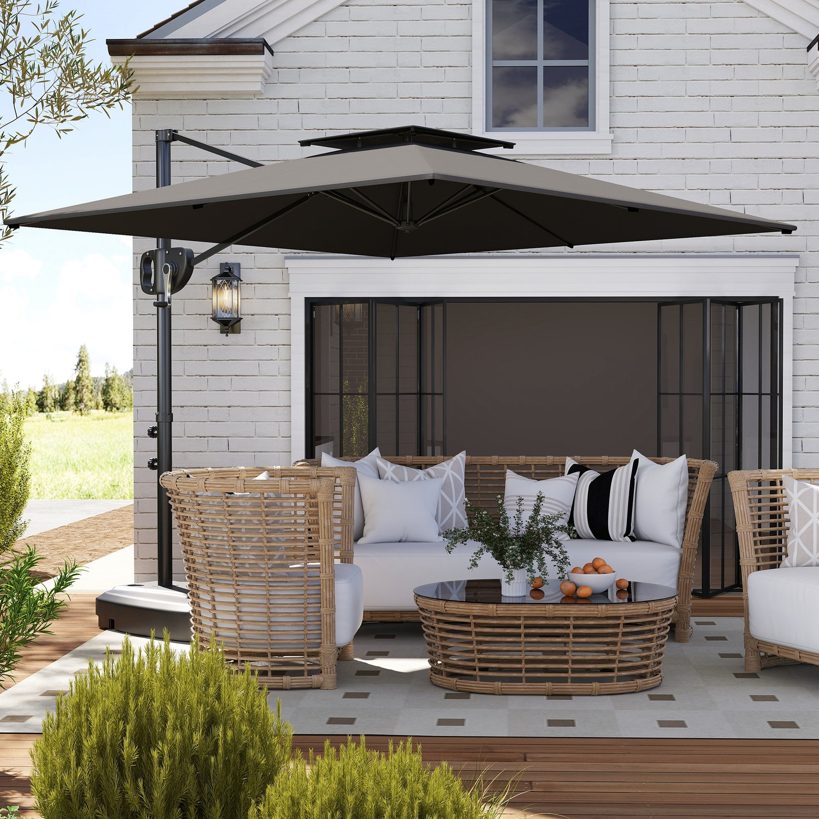 Cantilever Parasol with Weighted Base Double Top Garden Parasol Square Hanging Patio Umbrella with Crank Tilt Dark Grey