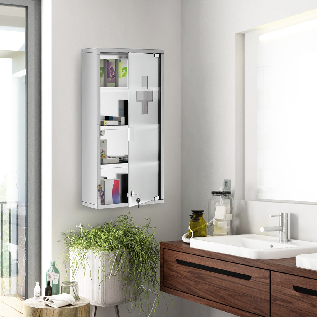 4 Tier Stainless Steel Wall Mounted Medicine Cabinet Glass Lockable Door Storage Shelves Houseware Bathroom Furniture 60Hx30Wx12D(cm) w/2 Keys