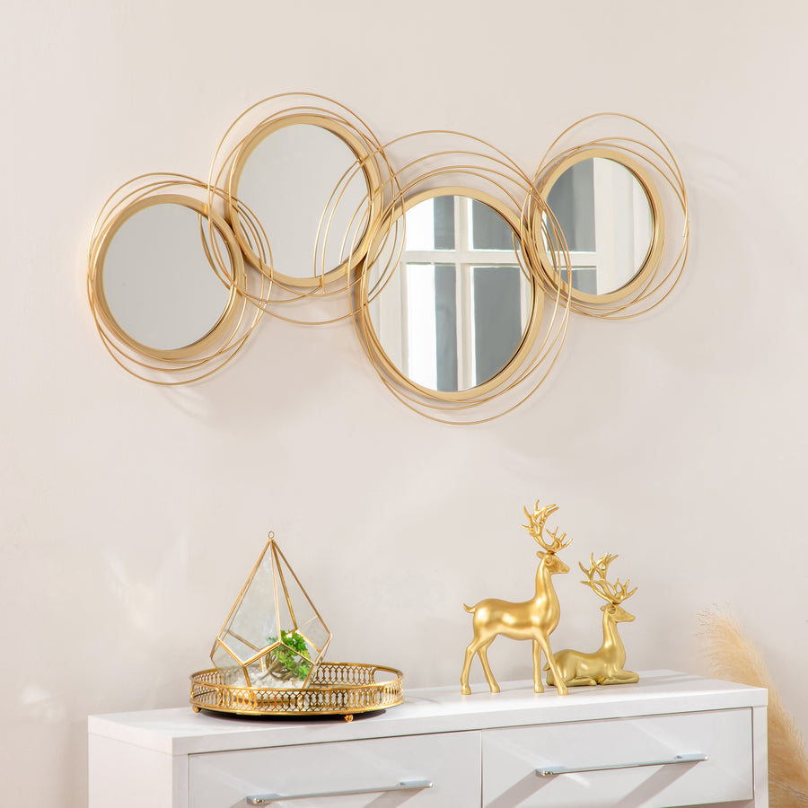 Metal Wall Mirrors, 107cm Modern Decorative Gold Mirror Decor Hanging, Home Wall Sculptures for Living Room Bedroom Dining Room