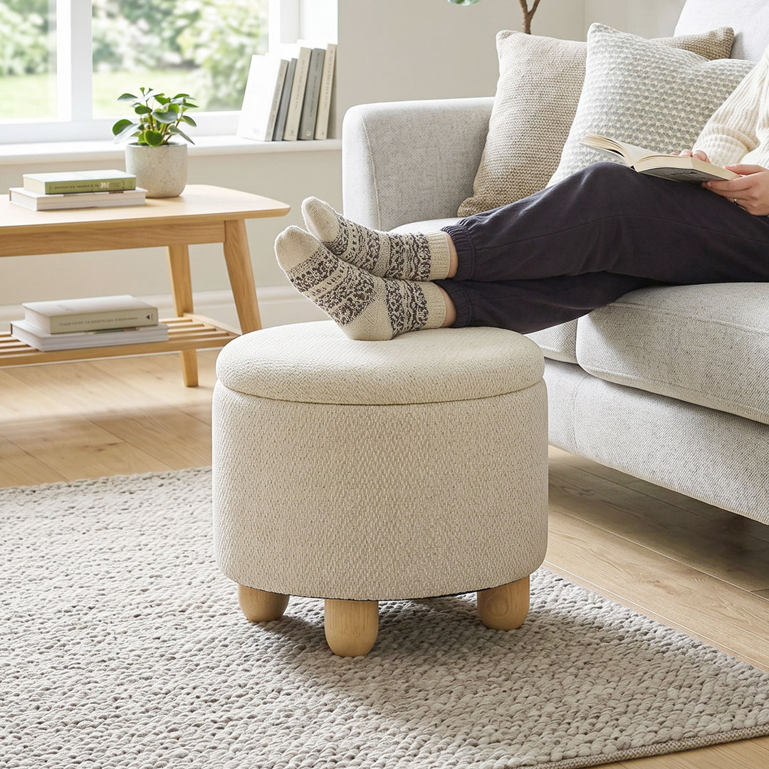 Storage Sitting Bench with Lid, Round Storage Ottoman with Rubberwood 