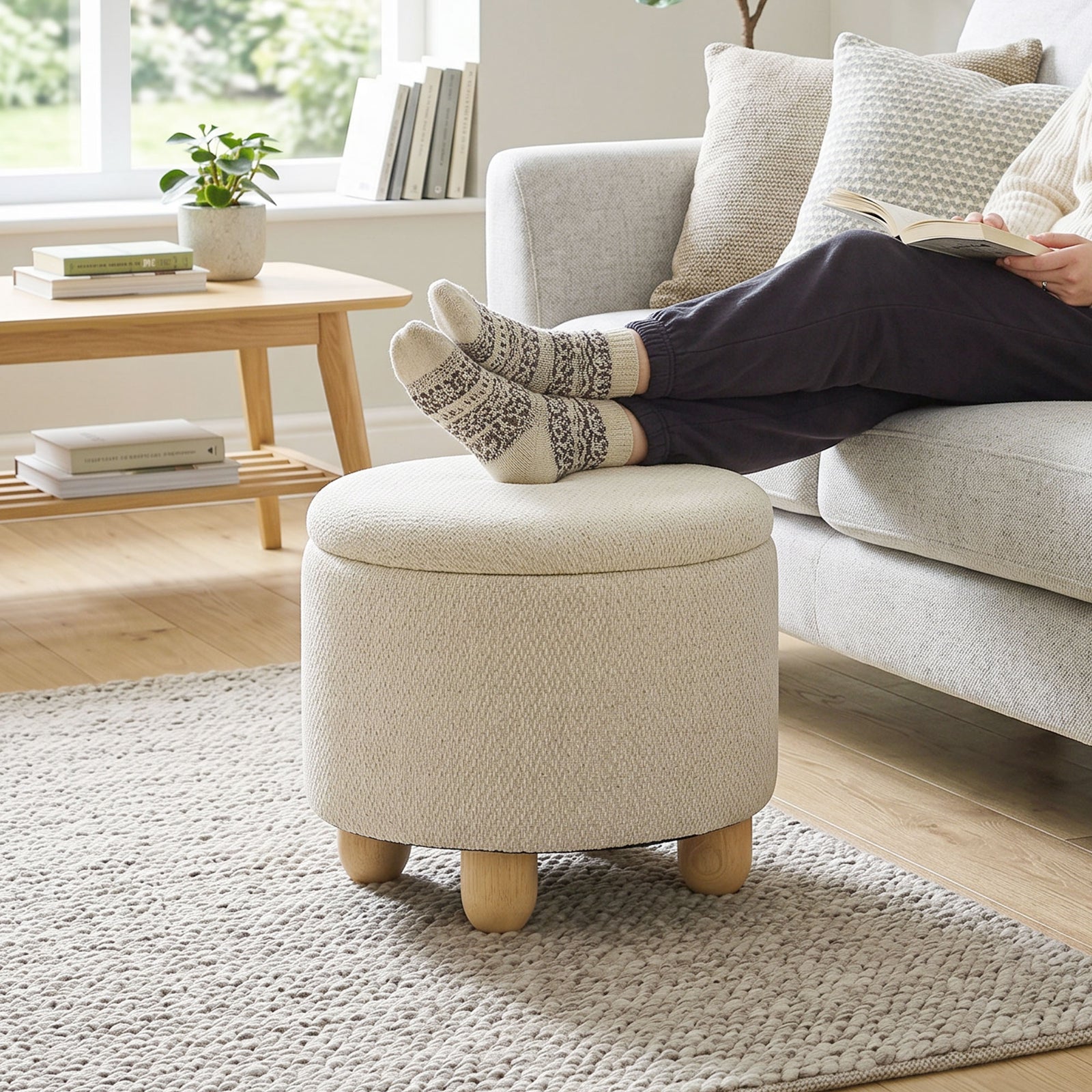 Storage Sitting Bench with Lid, Round Storage Ottoman with Rubberwood 