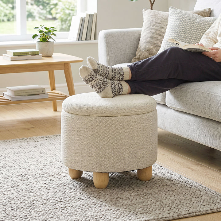 Storage Sitting Bench with Lid, Round Storage Ottoman with Rubberwood 