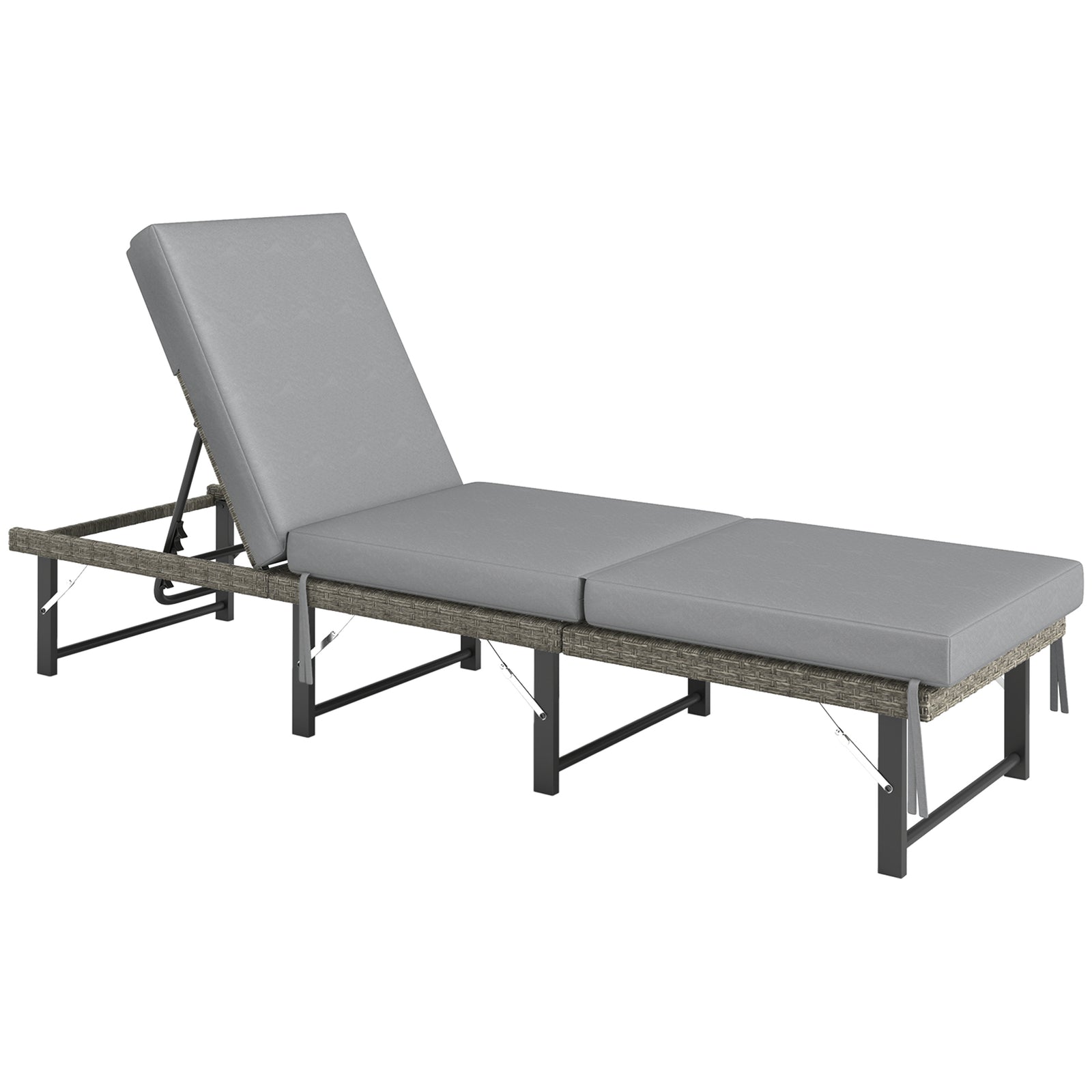 Single Folding Rattan Sun Lounger, with Cushion - Grey