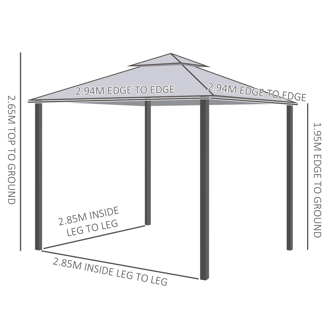 3 x 3 m Metal Gazebo, Garden Pavillion, Double Roof Outdoor Canopy Shelter with Mesh Sidewalls, Grey