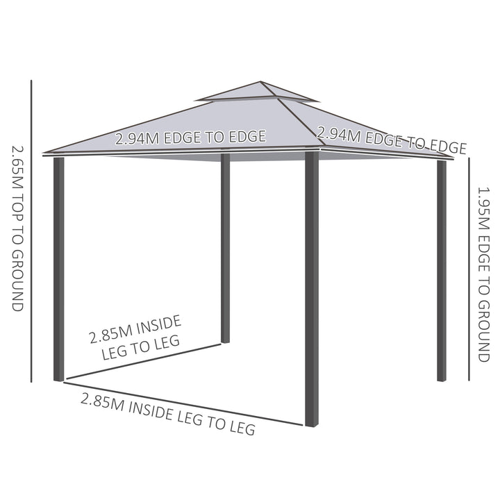 3 x 3 m Metal Gazebo, Garden Pavillion, Double Roof Outdoor Canopy Shelter with Mesh Sidewalls, Grey
