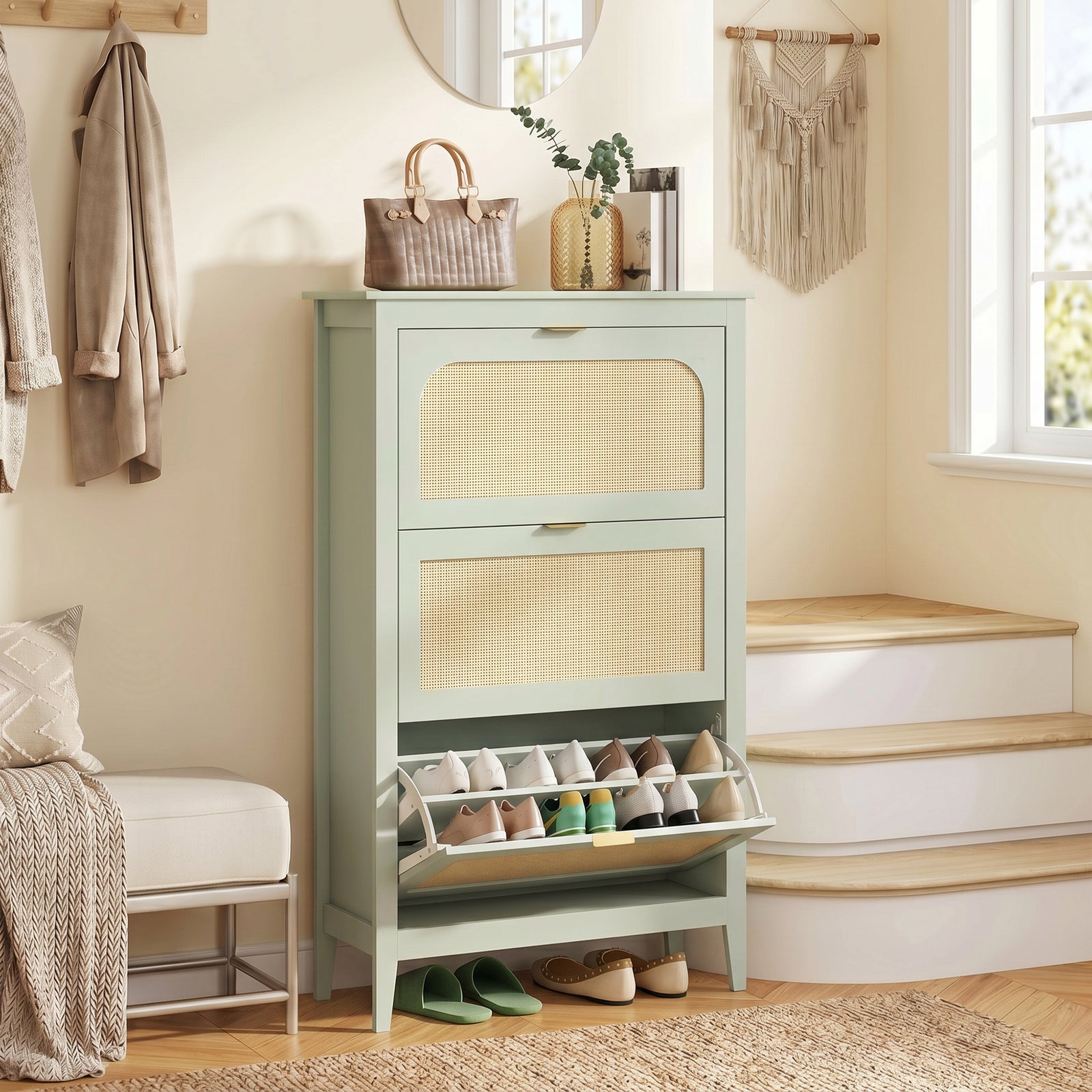 Narrow Shoe Cabinet, Boho Slim Shoe Storage Cabinet with 3 Flip Drawer