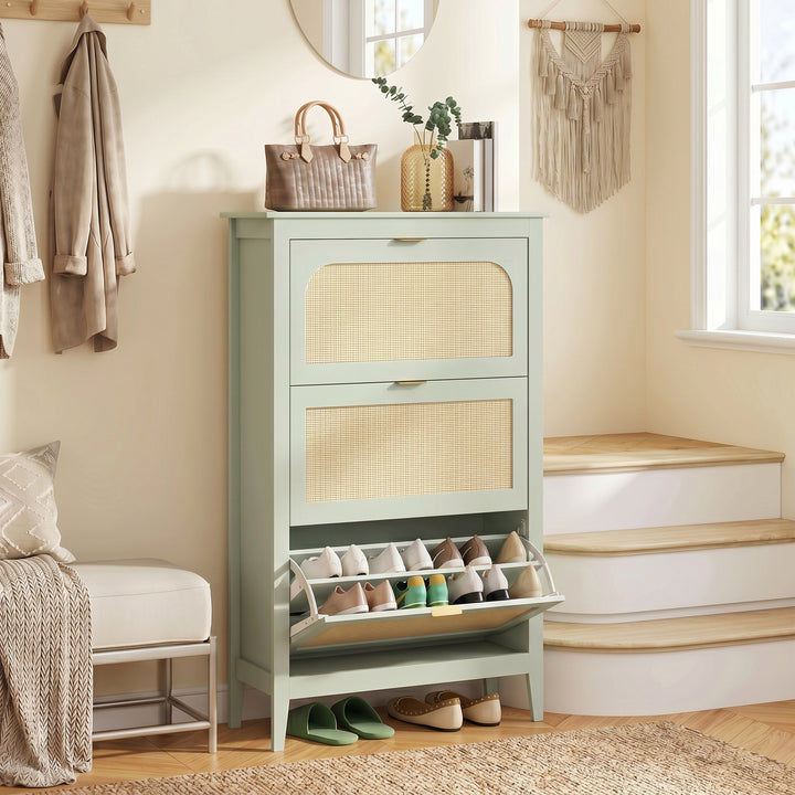 Narrow Shoe Cabinet, Boho Slim Shoe Storage Cabinet with 3 Flip Drawer