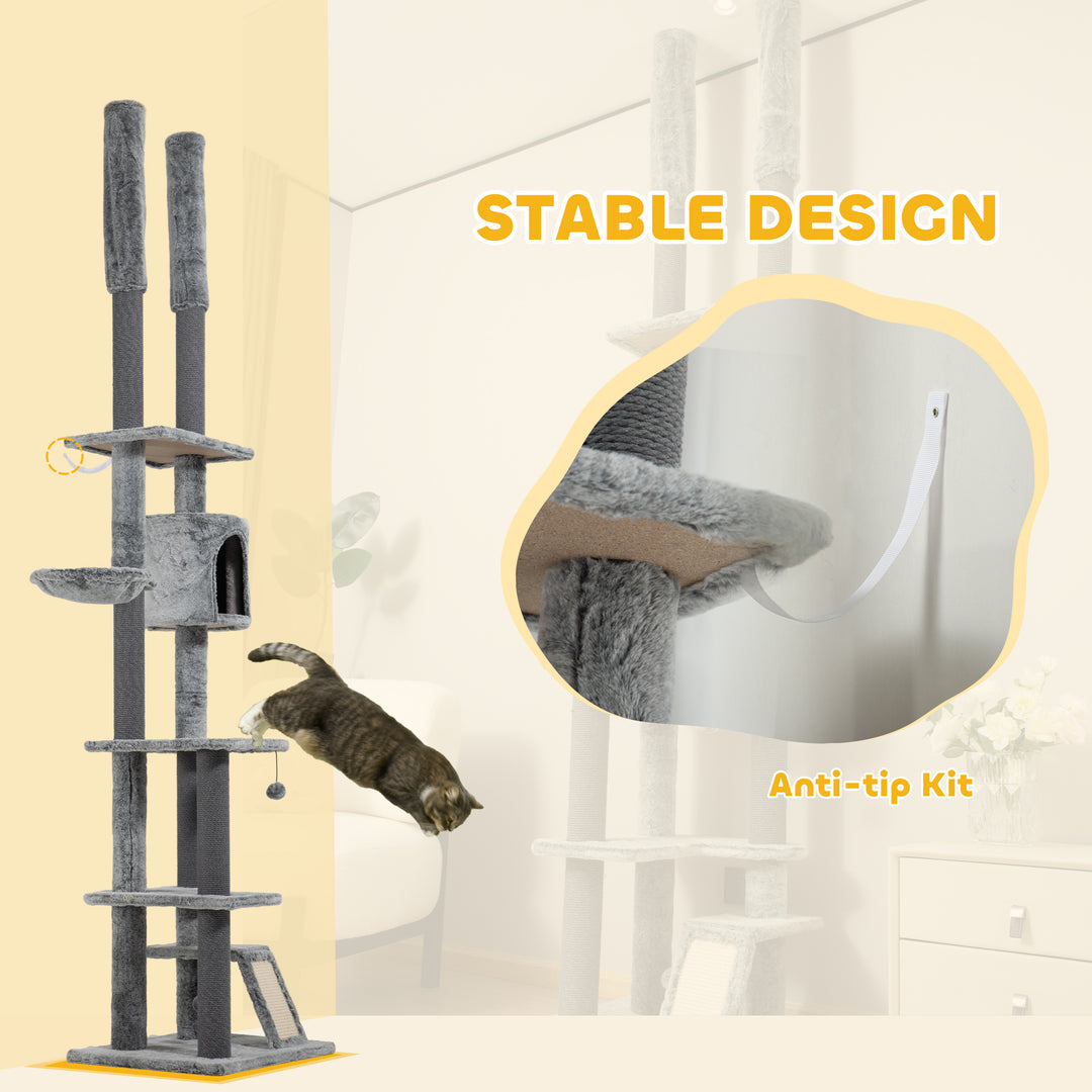 225-255cm Floor to Ceiling Cat Tree, Large Cat Tower w/ Cat Scratching Posts, Ramp, Cat House