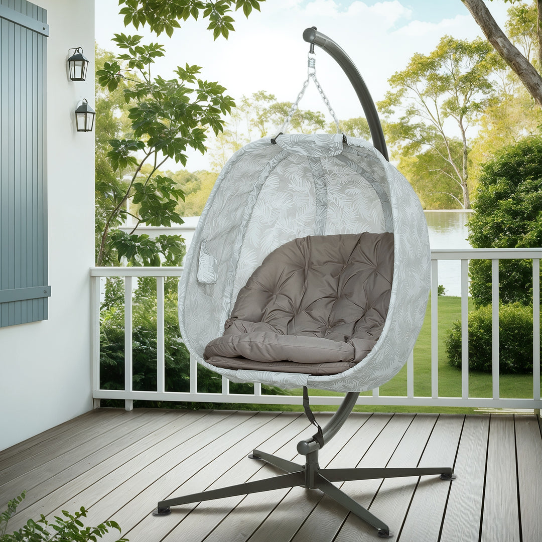 Hanging Egg Chair Outdoor Indoor Garden Swing Chair with Folding Basket, Garden Hanging Chair with Stand, Thickened Cushion, Cup Holder for Patio, Balcony, Sand Brown