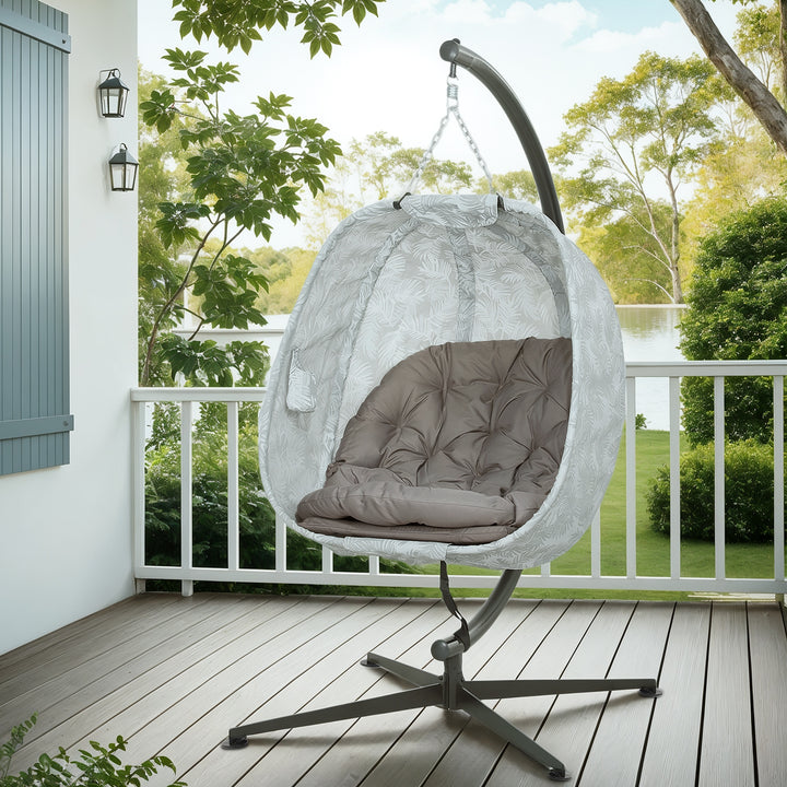 Hanging Egg Chair Outdoor Indoor Garden Swing Chair with Folding Basket, Garden Hanging Chair with Stand, Thickened Cushion, Cup Holder for Patio, Balcony, Sand Brown